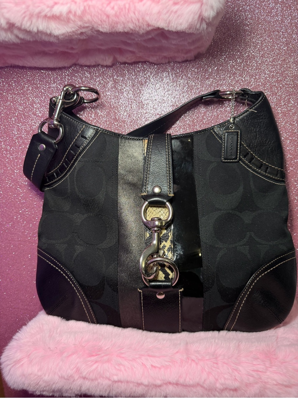 Y2K - Coach Hamptons Classic Hobo Bag F06K-10260 - Black Signature C Snakeskin